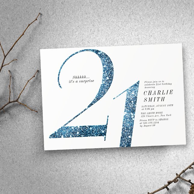 Invitation Parties scintillant minimaliste moderne faux bleu  (Modern minimalist faux blue glitter 21st birthday invitation)