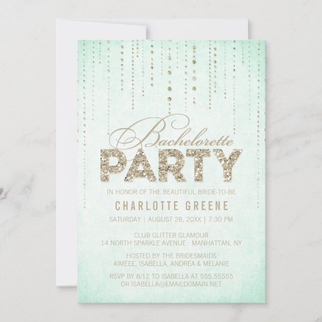 Invitation Parties scintillant Mint & Or Look Bachelorette Pa (Devant)