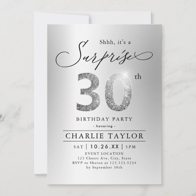 Invitation Parties scintillant moderne argent surprise adulte (Devant)