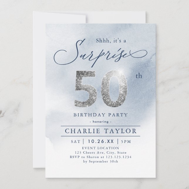 Invitation Parties scintillant moderne argent surprise adulte (Devant)