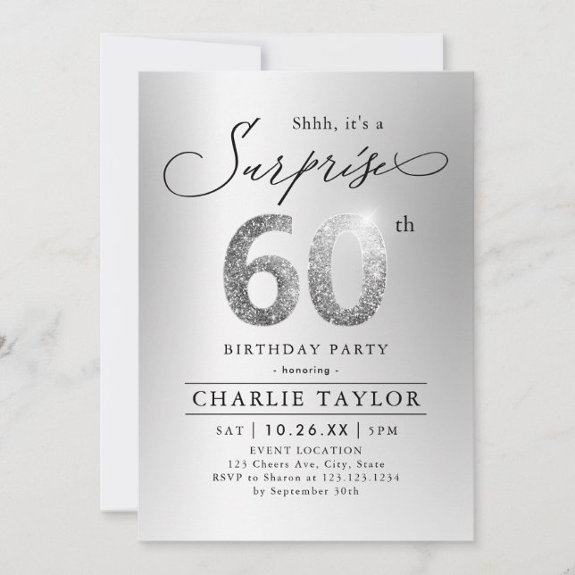 Invitation Parties scintillant moderne argent surprise adulte (Devant)