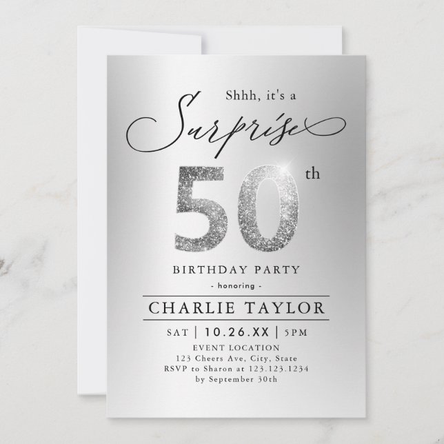 Invitation Parties scintillant moderne argent surprise adulte (Devant)