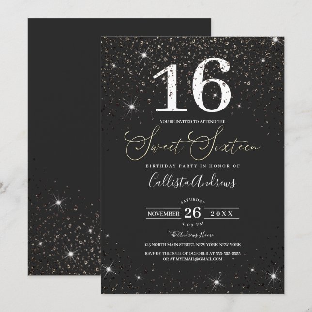 Invitation Parties scintillant moderne brillante noire Confet (Devant / Derrière)
