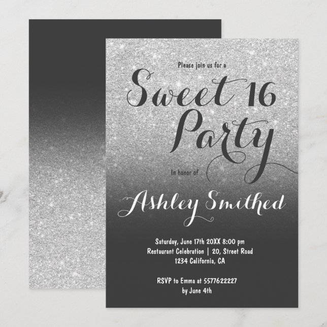 Invitation Parties scintillant moderne en faux argent gris om (Devant / Derrière)