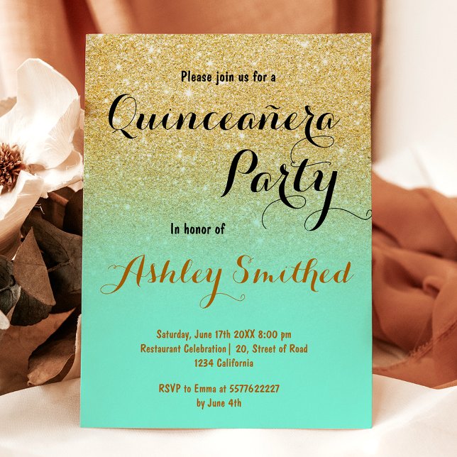 Invitation Parties scintillant moderne en or girly vert menth (Modern girly gold glitter mint green Quinceañera Invitation)