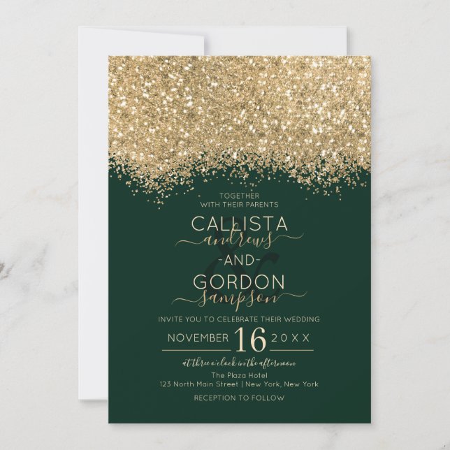 Invitation Parties scintillant moderne Gold Green Confetti Ma (Devant)
