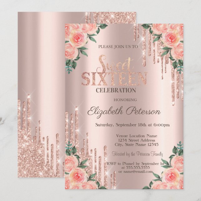 Invitation Parties scintillant moderne gouttes Rose Floral Go (Devant / Derrière)