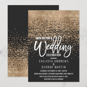 Invitation Parties scintillant moderne Noir Or Mariage Confet