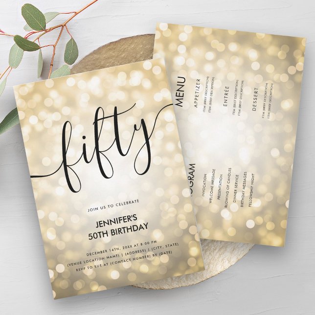 Invitation Parties scintillant moderne tout en un or Lumières (Modern All In One Gold Glitter Lights 50 Birthday Invitation)