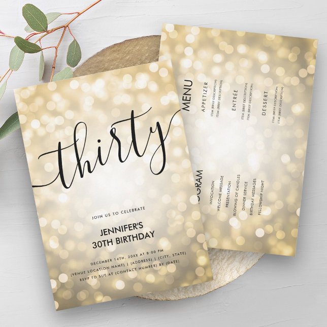 Invitation Parties scintillant moderne tout en un or Lumières (Modern All In One Gold Glitter Lights 30 Birthday Invitation)