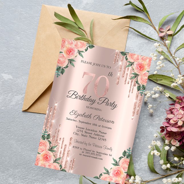 Invitation Parties scintillant modernes  Rose Floral Gold 70e (Créateur téléchargé)