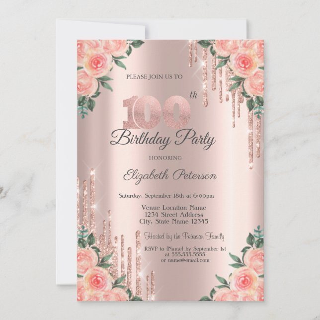 Invitation Parties scintillant modernes  Rose Floral Or 100e (Devant)