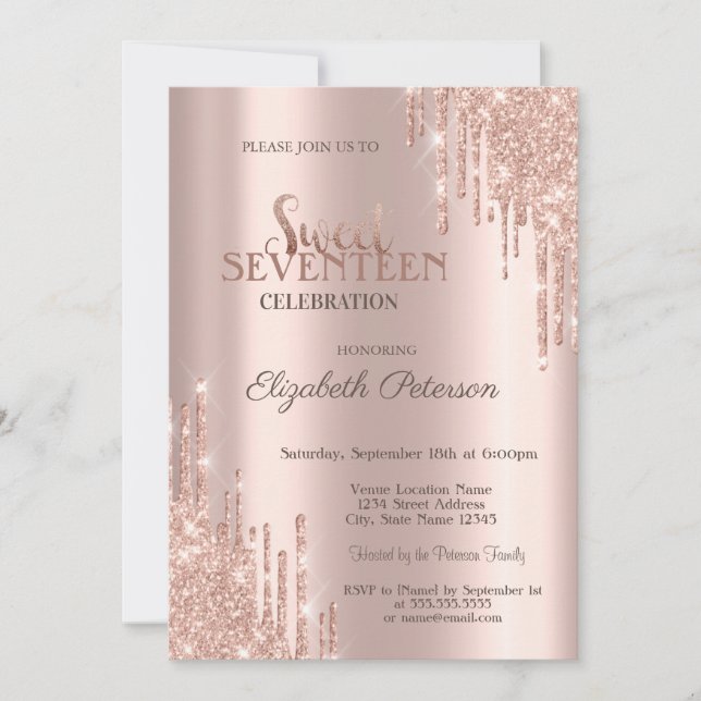 Invitation Parties scintillant modernes Rose Gold Sweet 17 An (Devant)