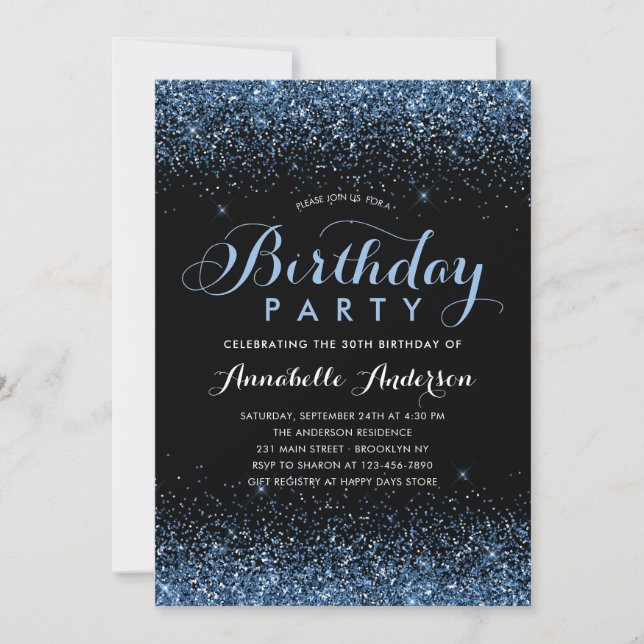 Invitation Parties scintillant Noir Bleu Moderne Étincelle N' (Devant)