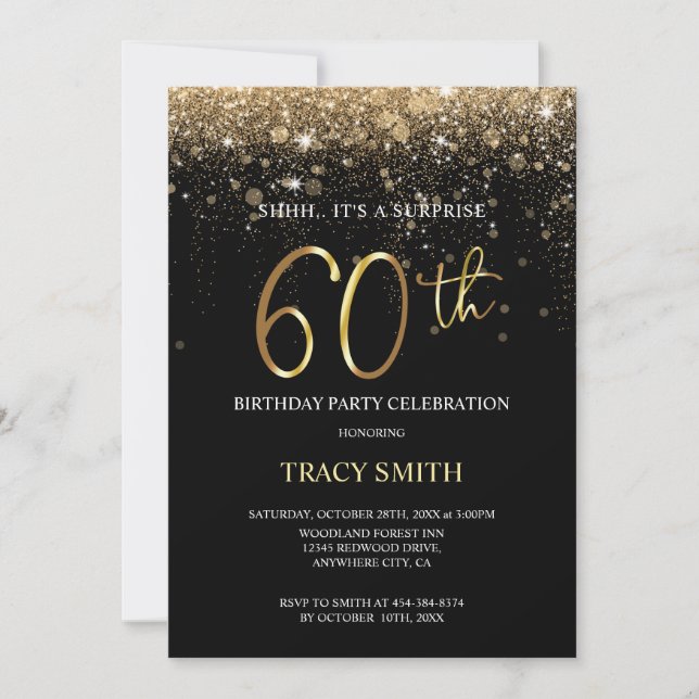 Invitation Parties scintillant Noir et Or 60e Anniversaire Su (Devant)