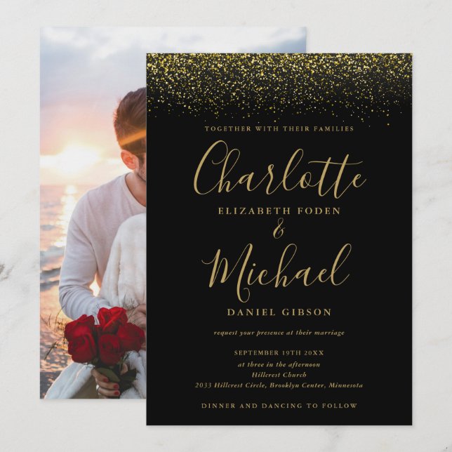 Invitation Parties scintillant Noir Et Or Chic Mariage Photo (Devant / Derrière)