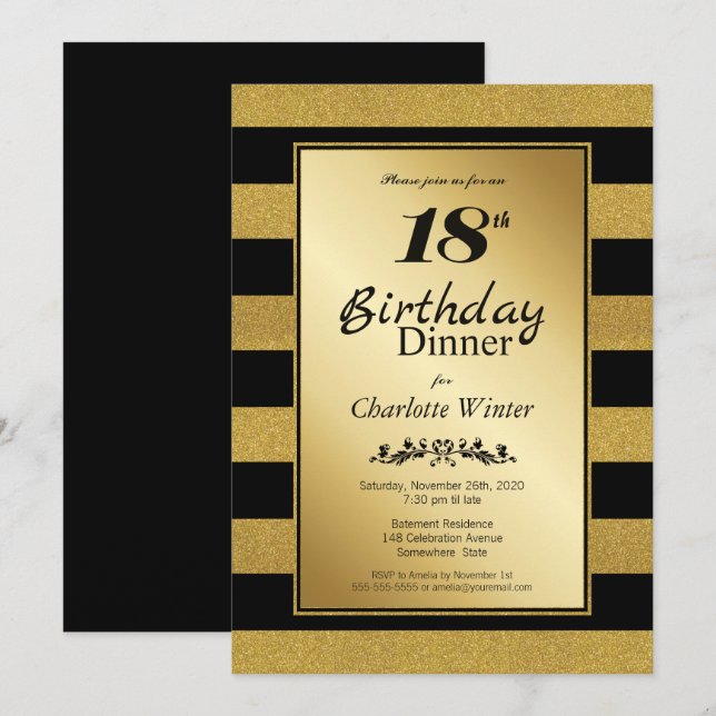 Invitation Parties scintillant Noir & Or rayé 18e dîner d'ann (Devant / Derrière)