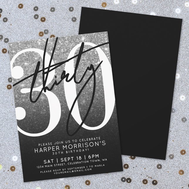 Invitation Parties scintillant noire blanche 30e anniversaire (Black White Glitter 30th Birthday Invitation)