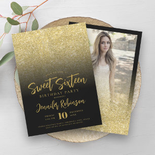 Invitation Parties scintillant Noire Classy Or Photo Sweet 16