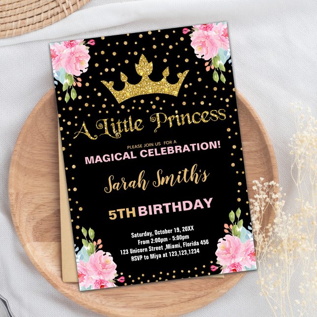 Invitation Parties scintillant noire Couronne princesse Anniv (Black Glitter Crown Princess Birthday Invitations)