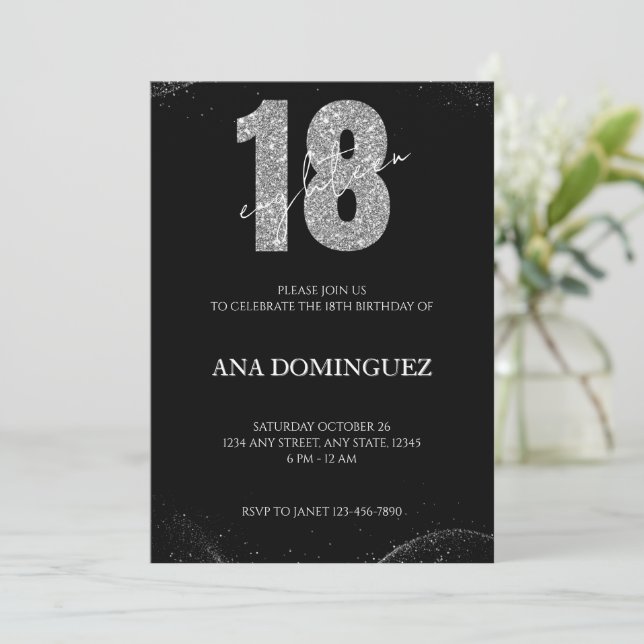 Invitation Parties scintillant noire et argent 18e anniversai (Debout devant)