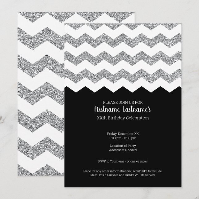 Invitation Parties scintillant noire et argent Chevrons fête  (Devant / Derrière)