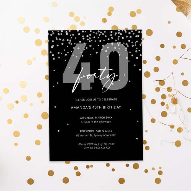 Invitation Parties scintillant noire et argent scintillant 40 (Créateur téléchargé)