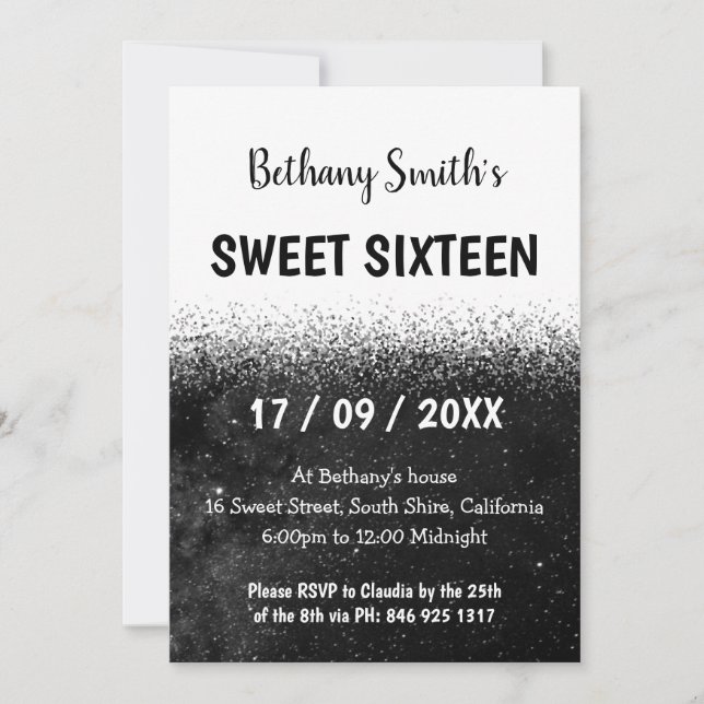 Invitation Parties scintillant noire et blanche Ombre Sweet 1 (Devant)