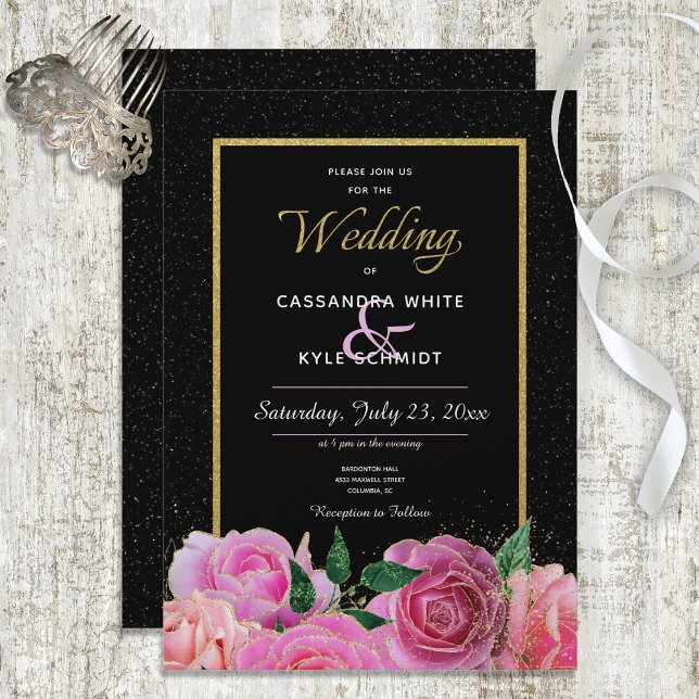Invitation Parties scintillant noire et noire et Mariage Rose (Créateur téléchargé)