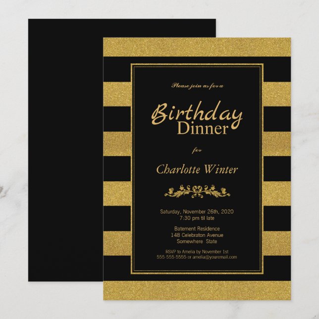 Invitation Parties scintillant noire et or rayé Anniversaire  (Devant / Derrière)