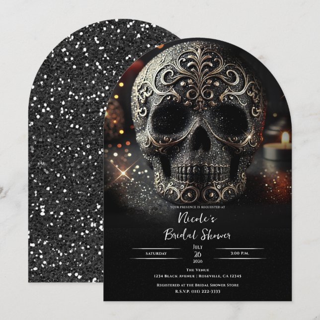 Invitation Parties scintillant noire Glam Sparkle crâne gothi (Devant / Derrière)