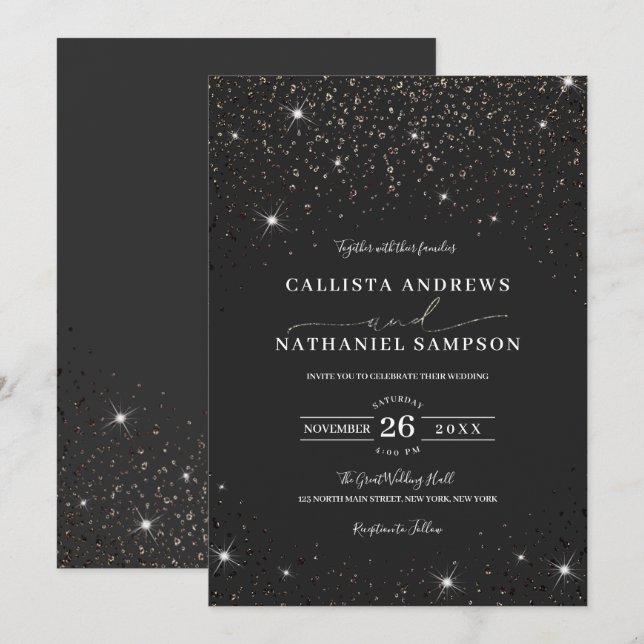 Invitation Parties scintillant noire minimaliste moderne Mari (Devant / Derrière)