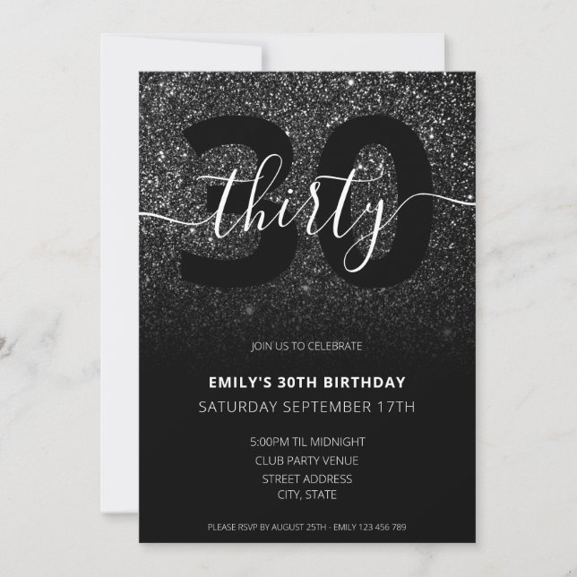 Invitation Parties scintillant noire moderne élégant 30e anni (Devant)