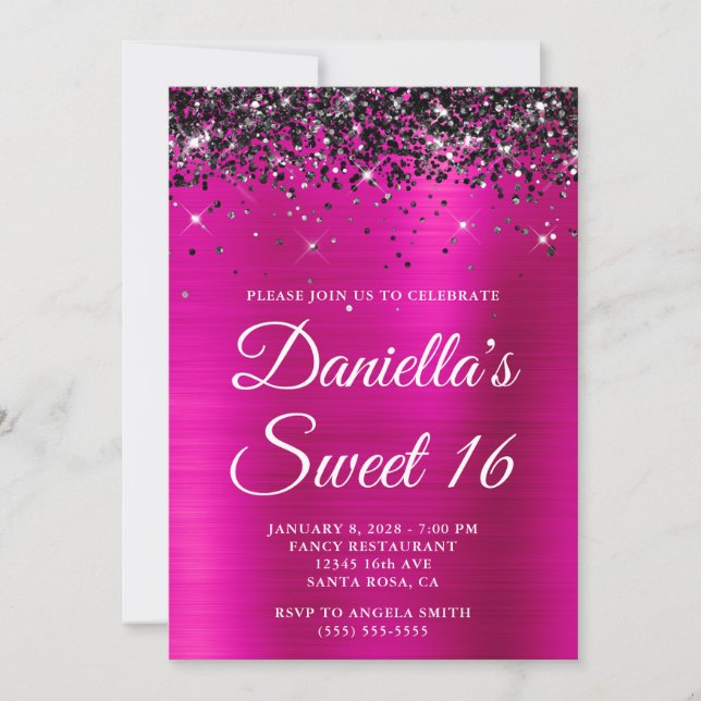 Invitation Parties scintillant noire mousseuse Hot rose Foil  (Devant)