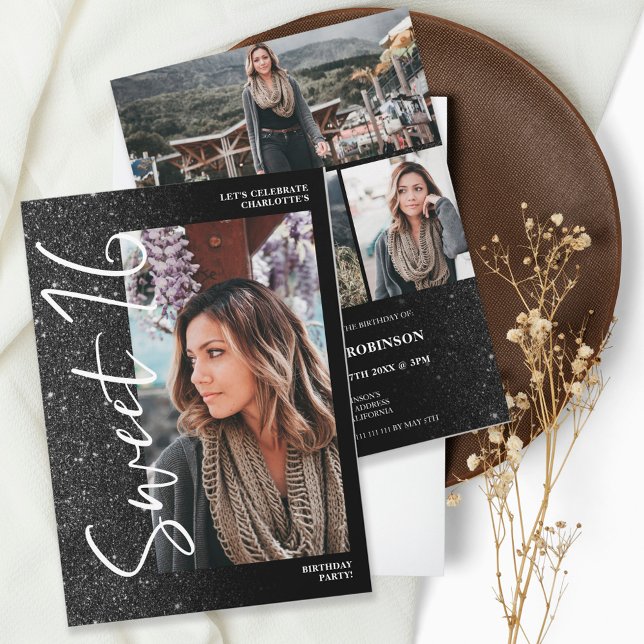 Invitation Parties scintillant noire ombre script 4 photos Sw (Créateur téléchargé)