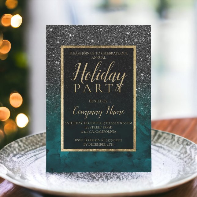 Invitation Parties scintillant noire or émeraude entreprise N (Black glitter gold emerald corporate Christmas Invitation)