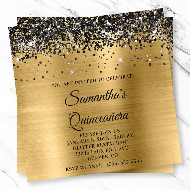 Invitation Parties scintillant Noire Or métal Look Quinceaner (Black Glitter Gold Metallic Look Quinceanera Invitation)