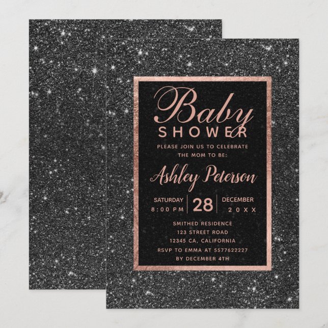 Invitation Parties scintillant noire rose or typographie baby (Devant / Derrière)