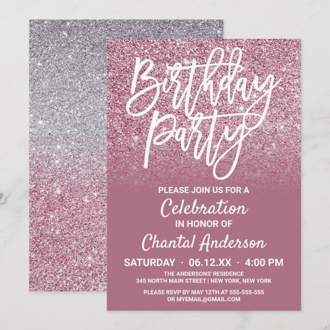 Invitation Parties scintillant Ombre de Cassis Pink Silver Fa (Devant / Derrière)