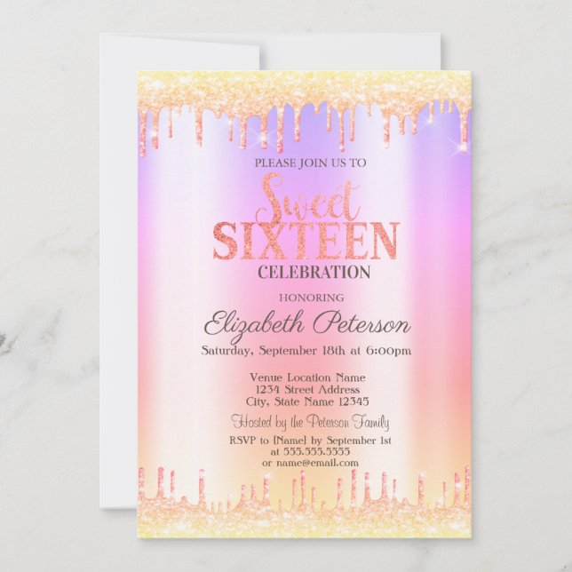 Invitation Parties scintillant Ombre moderne Drips Sweet 16 I (Devant)
