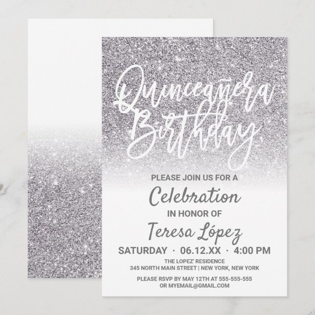 Invitation Parties scintillant Ombre Quinceañera en argent bl (Devant / Derrière)