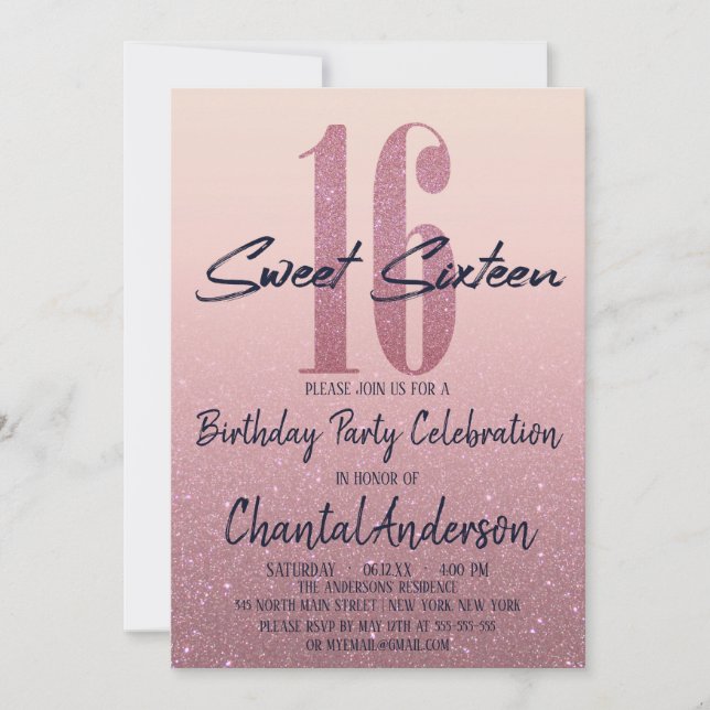 Invitation Parties scintillant Ombre Sweet sixteen Faux Rose  (Devant)