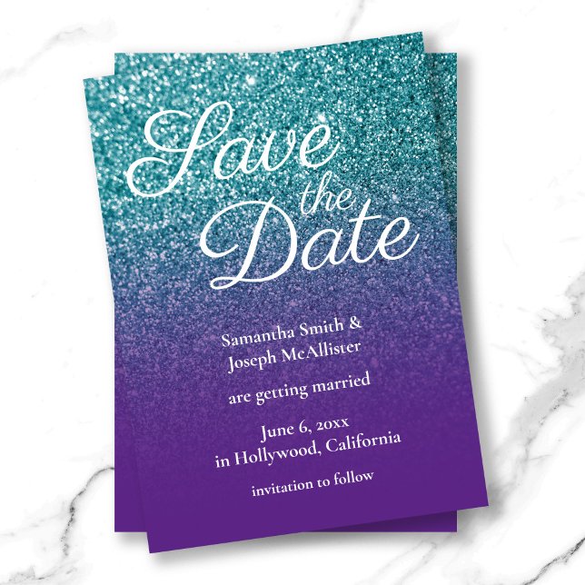 Invitation Parties scintillant Ombre turquoise et violette En (Teal and Purple Ombre Glitter Save the Date Invitation)