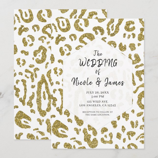 Invitation Parties scintillant or blanc Cheetah Leopard Chic  (Devant / Derrière)