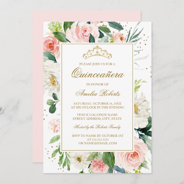 Invitation Parties scintillant Or Blush Floral Quinceanera An (Devant / Derrière)
