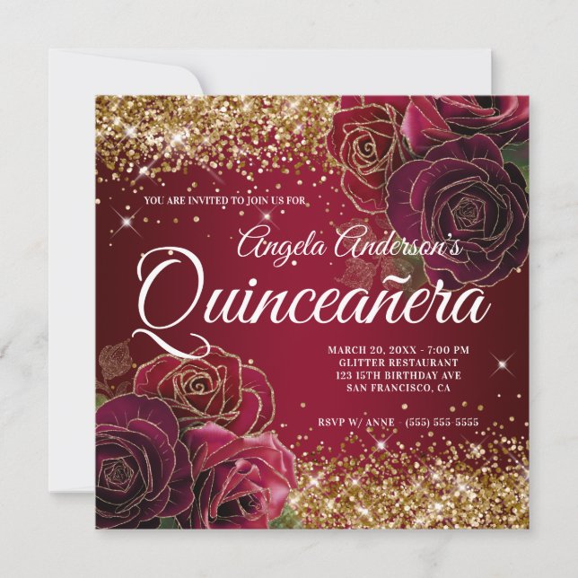 Invitation Parties scintillant or brillant Rose rouge foncé Q (Devant)