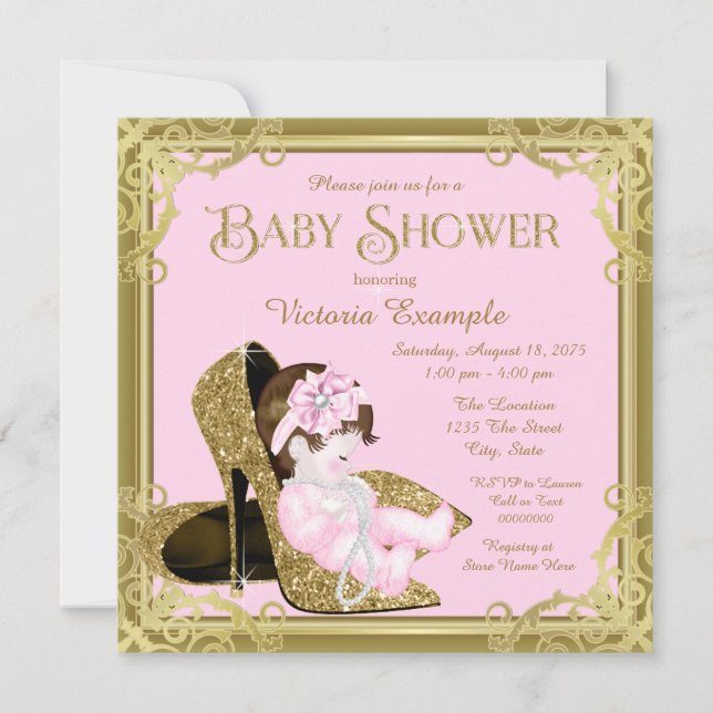 Invitation Parties scintillant or Chaussure rose et Baby show (Devant)
