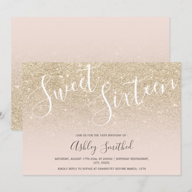 Invitation parties scintillant or clair ombre sweet sixteen r (Devant / Derrière)