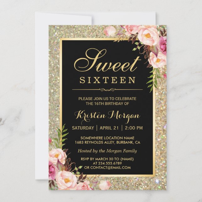Invitation Parties scintillant or classique Floral Sweet 16 A (Devant)