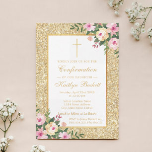 Invitation Parties scintillant Or Confirmation Florale Ou 1èr